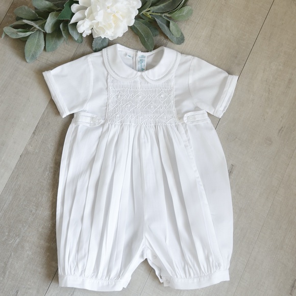 White Smocked Heirloom Romper Boys ShortAll Feltman Brothers Traditional NWT